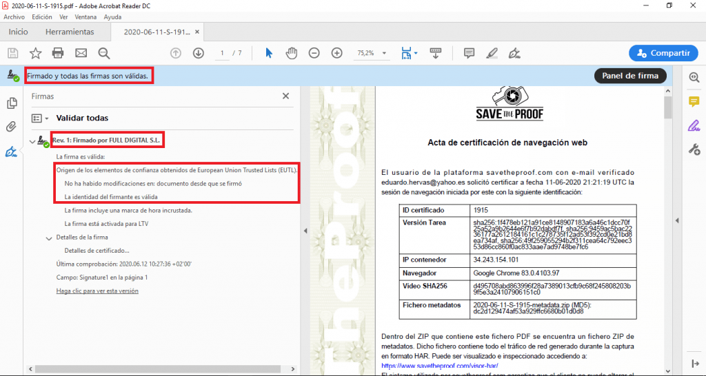 Captura de pantalla del proceso para firmar digitalmente con ayuda de Save The Proof