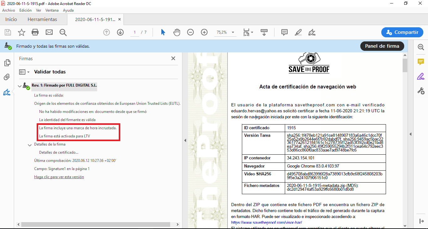 Captura de pantalla del proceso para firmar digitalmente con ayuda de Save The Proof con sello de tiempo cualificado