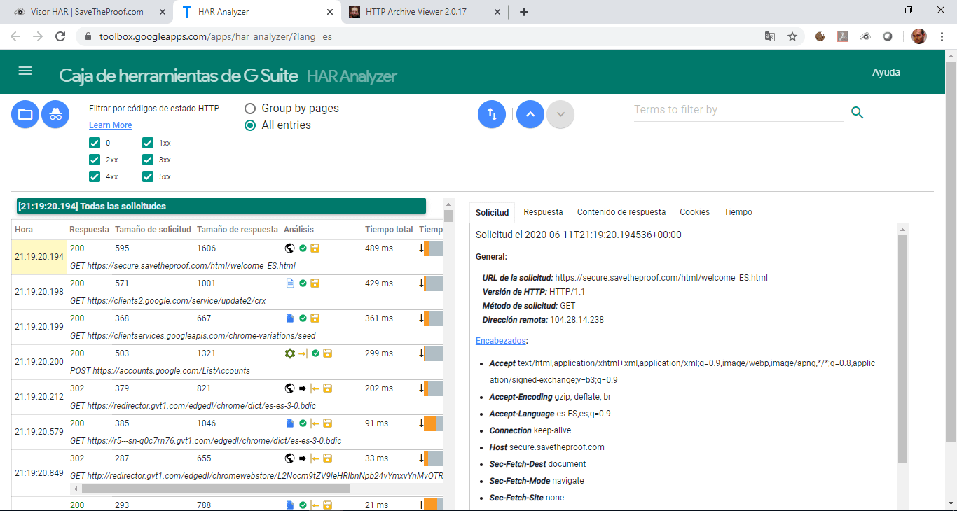 Captura de pantalla de los metadatos en la caja de herramientas de Google Suite HAR Analyzer