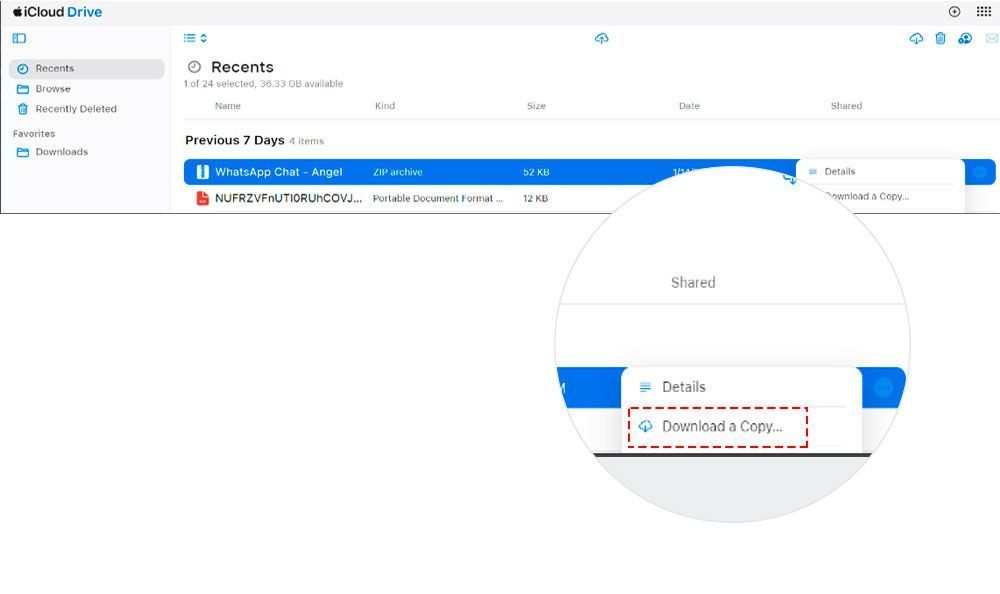 Screenshot of the process of exporting a WhatsApp conversation as a PDF with the help of Save The Proof