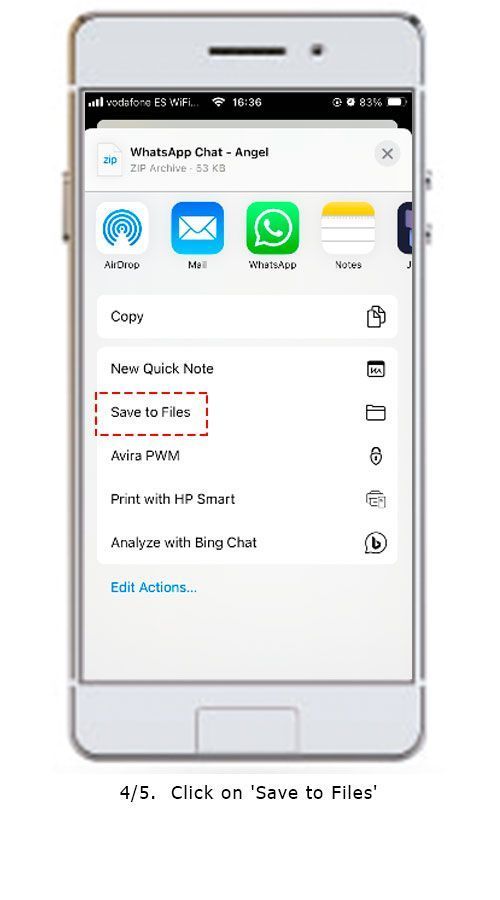 Screenshot of the process of exporting a WhatsApp conversation as a PDF with the help of Save The Proof