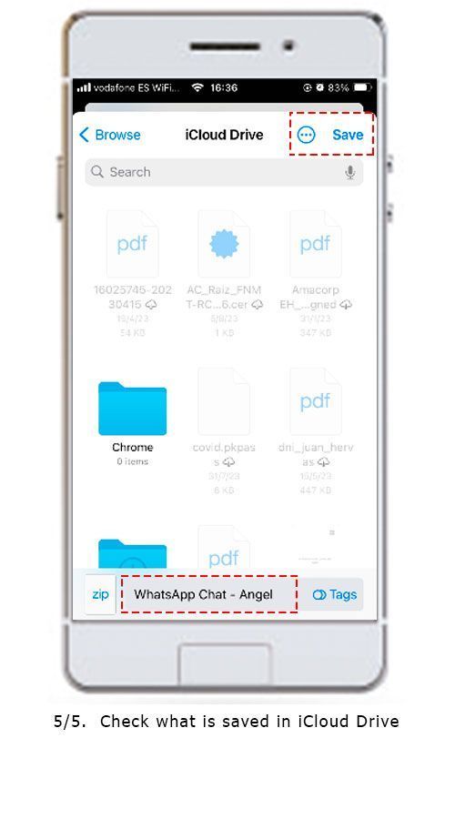 Screenshot of the process of exporting a WhatsApp conversation as a PDF with the help of Save The Proof