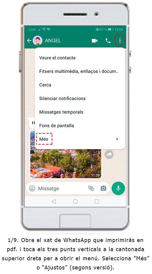 Captura de pantalla del procés per desar una conversa de WhatsApp en PDF amb ajuda de Save The Proof