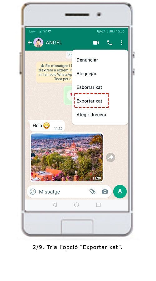 Captura de pantalla del procés per desar una conversa de WhatsApp en PDF amb ajuda de Save The Proof