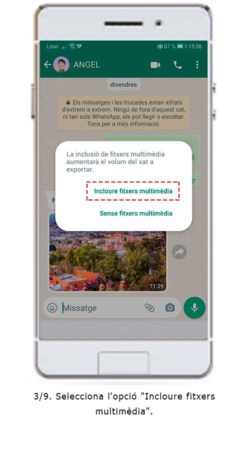 Captura de pantalla del procés per desar una conversa de WhatsApp en PDF amb ajuda de Save The Proof