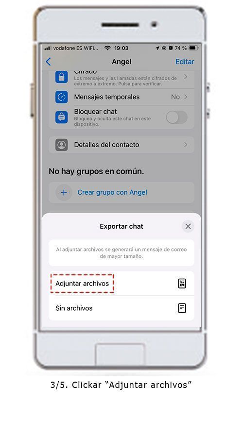 Captura de pantalla del procés per exportar una conversa de WhatsApp en PDF amb ajuda de Save The Proof